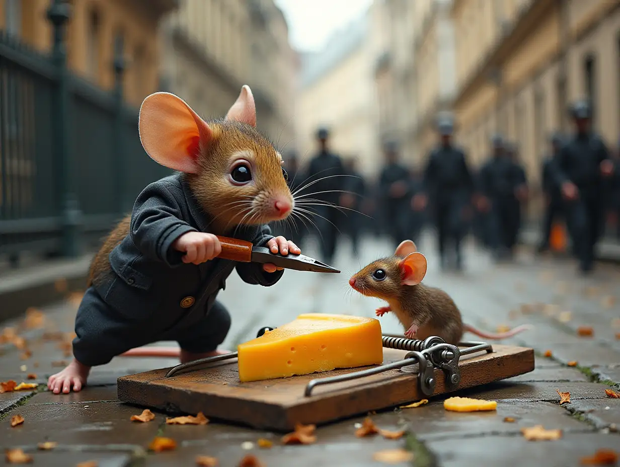 Fln - city street. Big mouse trap with a piece of cheese. A mouse in a sapper's suit, with pliers, bites through the wire on the mousetrap. In the distance behind the fence stands a crowd of mice, held back by mouse policemen.