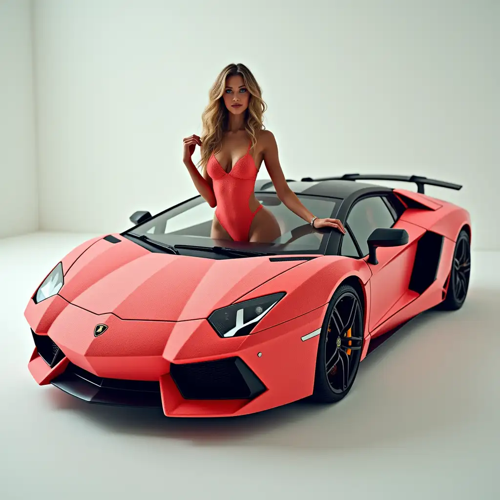 A photo of a Lamborghini car, a charming plush one. The background is clean and the colors are bright. In this photo, she shows off her whole body, which adds to her attractiveness, a professional shot