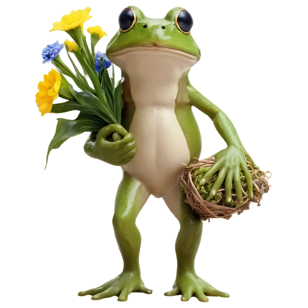 Green-Frog-with-Bouquet-of-Spring-Flowers-PNG-Image-Delightful-Nature-Concept