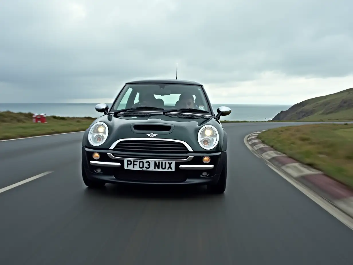 Photo realistic, wide shot, from the front,  2003 Mini Cooper, All Black, Right hand drive, on Anglesey race circuit, cornering at speed with the sea in the background, registration number 'PF03NUX'