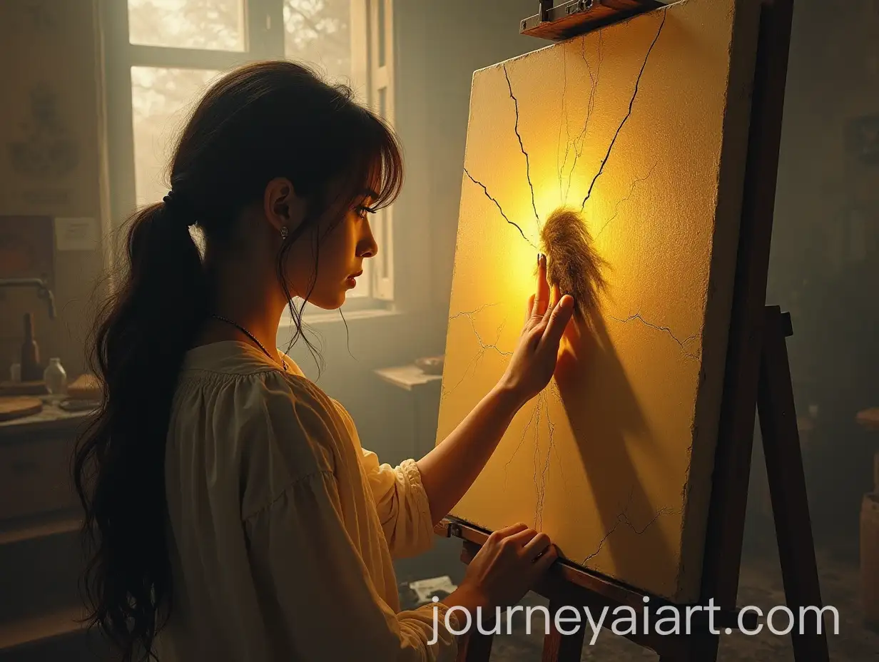 Surrealist-Artwork-of-a-Girl-Coming-to-Life-from-an-Old-Canvas-in-an-Artists-Workshop