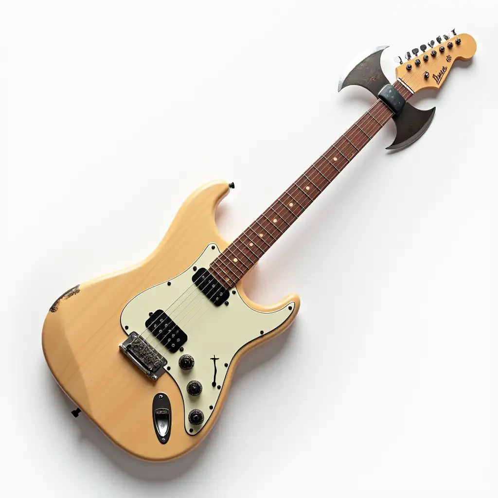 Create a hyper-realistic guitar where the entire neck and tuning head are seamlessly replaced with a real axe handle and blade. The body of the guitar remains unchanged, but the transition between the guitar and the axe is smooth and natural, as if they were designed to be one. The axe handle has a wooden texture, while the sharp metallic blade replaces the tuning head. The background is white, with soft, even lighting to highlight the fusion of musical instrument and weapon.