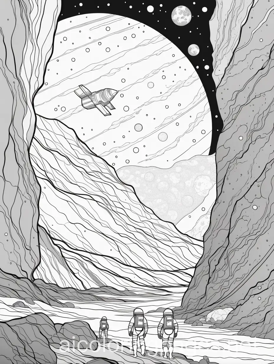 Children-Astronauts-Explore-Rocky-Asteroid-Coloring-Page