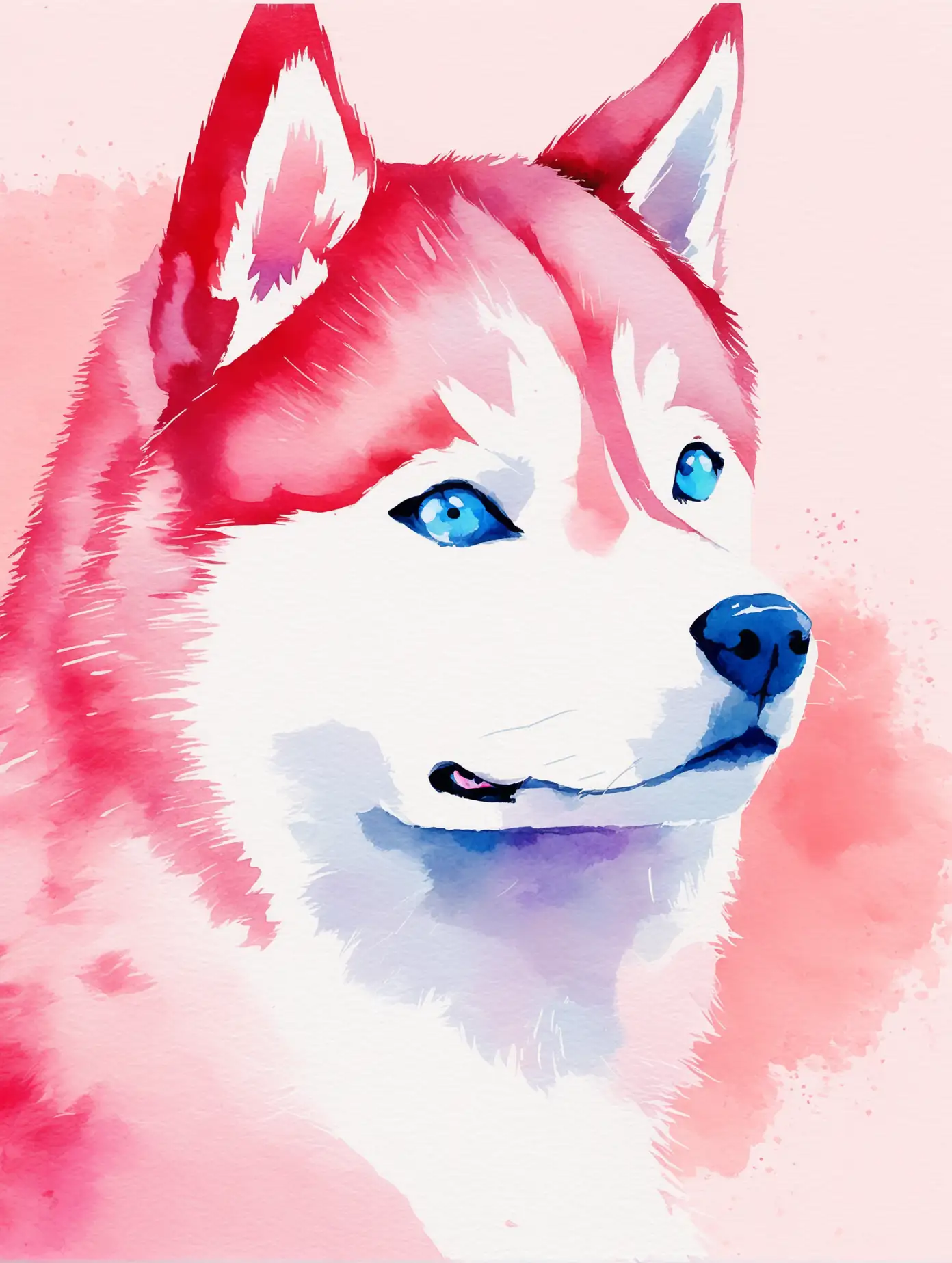 Abstract Pink Watercolor Painting of a Red and White Husky with Bright Blue Eyes