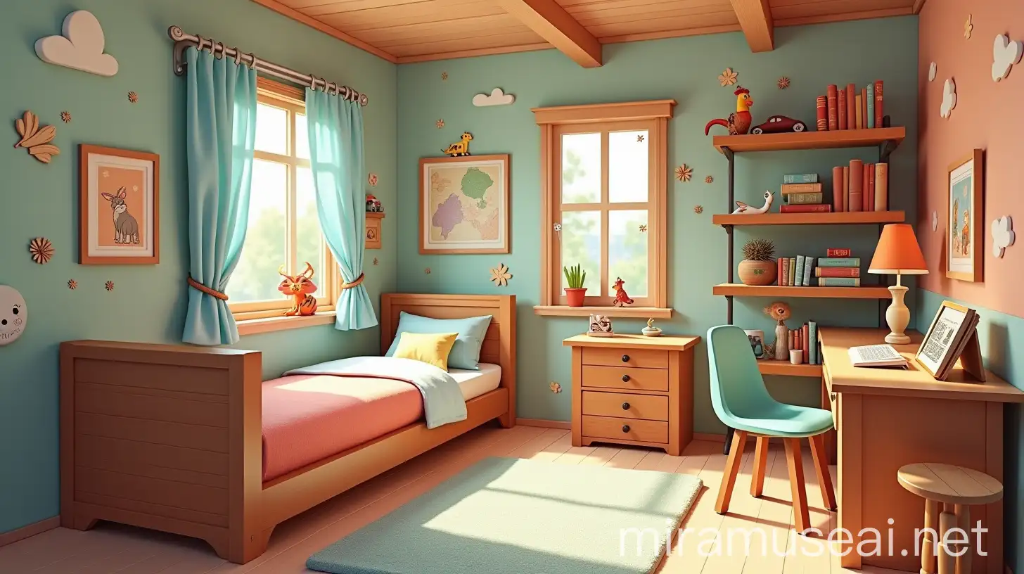 CartoonInspired Bedroom with Vintage Trunk Beds and Study Area