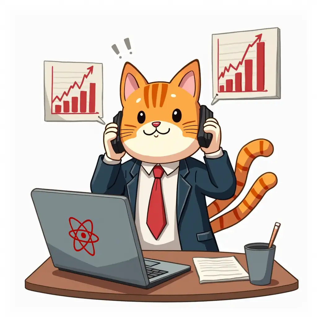 funny 2D cat in the image of a office worker within a business suit, he talks on two cell phones in front of a laptop with an atom symbol on the lid, behind him posters with stock ratings and a growing red trend line, paint in anime style, manga 2D characters, die cut sticker design top-view, high resolution, vector art, white background, paint in anime style