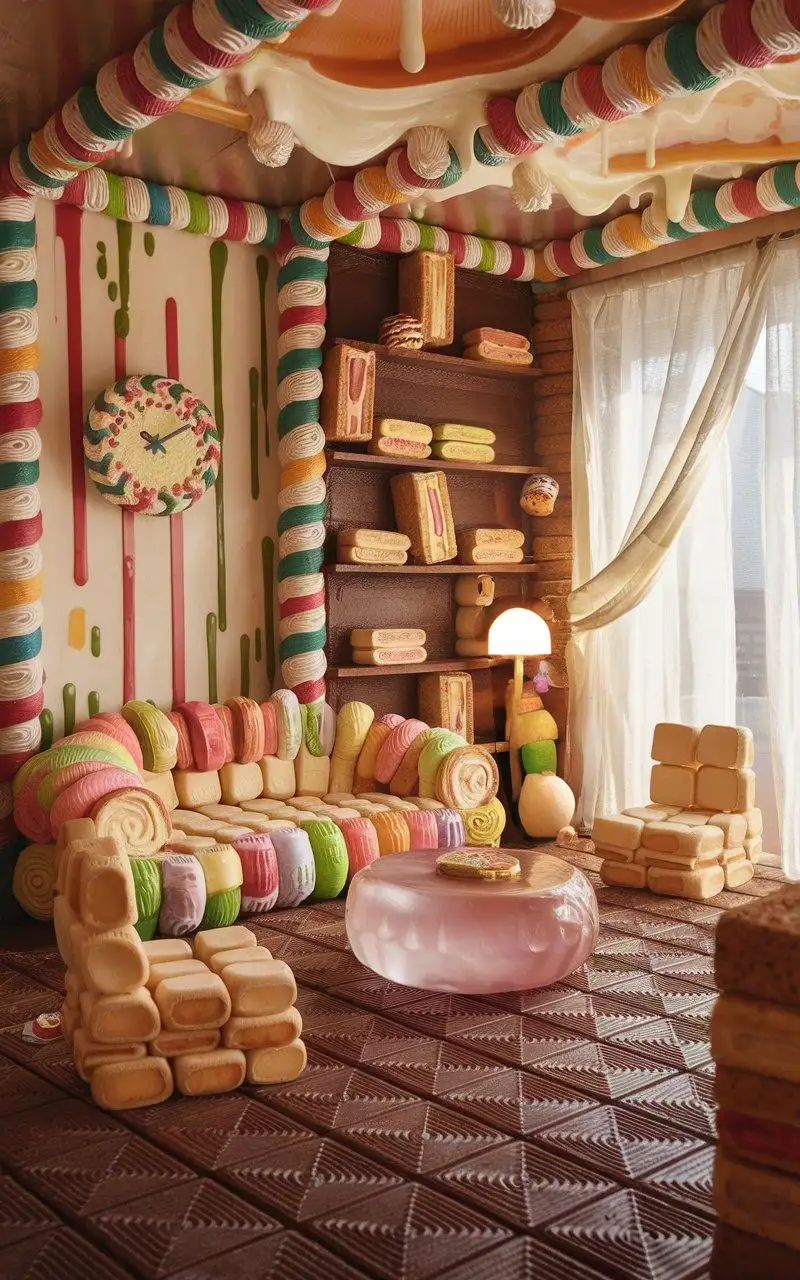 Interior scene of a house made of bread and dessert. The living room has a cozy sofa made of a large, squishy marshmallow with a lot of marshmallow features, next to a round coffee table made of translucent jelly, and chairs made of sandwich cookies. The candy walls were decorated with colorful fudge patterns, only a clock made of cake hung on the wall, and the floor was covered with large rectangular chocolate floors with some texture. The curtain made of egg rolls, gently penetrates the natural light. The bookshelf is made of rectangular biscuits, and there are several jelly-shaped books on the bookshelf, and the crisp-tube lamp is next to the sofa. There are a few bookcases made of marshmallow, flowing a little cream, the room is full of sweet atmosphere, the overall style is full of Tong Qu and fantasy. The camera goes from left to right