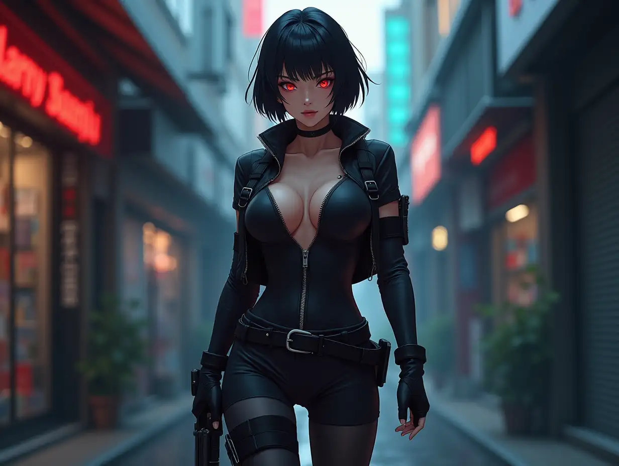 Short hair, mature Asian woman thief cyber runner in a dynamic full-length pose, eyes with red electronic pupils, large breast, extreme skintight body glove zipped down with cleavage, combat boots and combat belt. Full view of her body from boots up, low wide angle. Future store filled city alley street. Anime