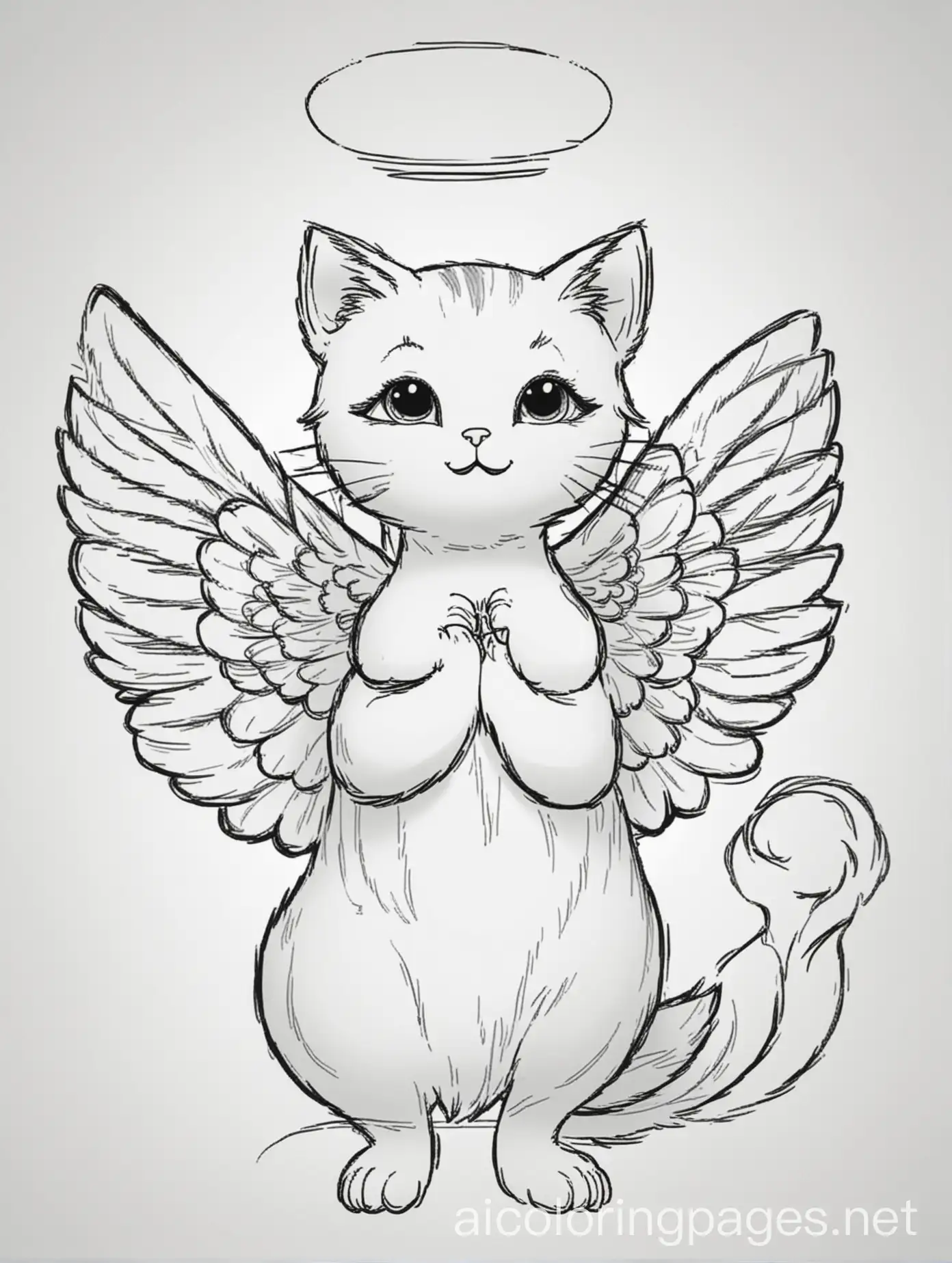 A cat angel, Coloring Page, black and white, line art, white background, Simplicity, Ample White Space. The background of the coloring page is plain white to make it easy for young children to color within the lines. The outlines of all the subjects are easy to distinguish, making it simple for kids to color without too much difficulty