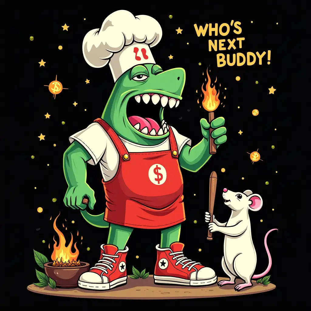 Anthropomorphic-Green-Blob-with-Golden-Teeth-Cooking-Shark-at-Baseball-Game-Barbecue