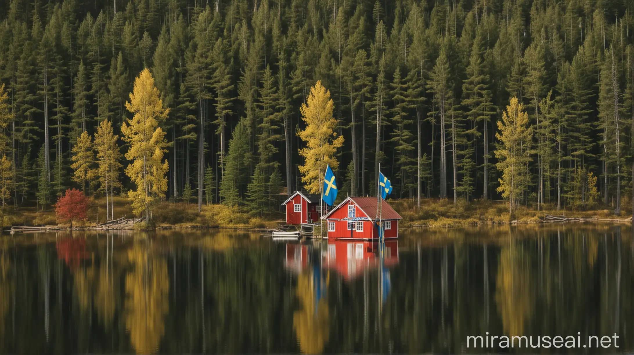 Swedish Flag Flying Above Red Cottage by Lake Forest Trees