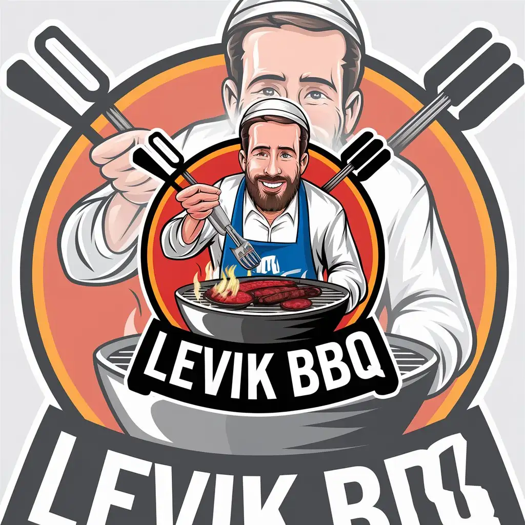 LOGO Design for Levik BBQ Colorful Funny Jewish Man with Kipa and Beard Cooking BBQ