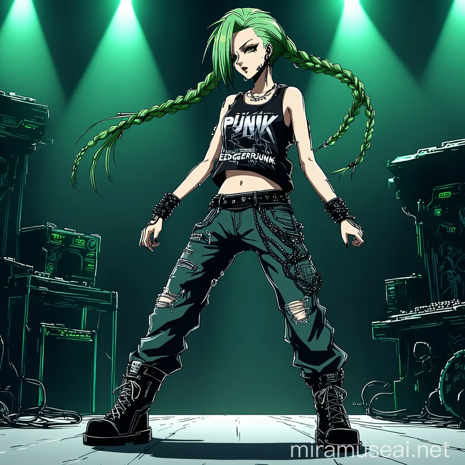 Cyberpunk Woman with Green Hair Performing Concert in Anime Style