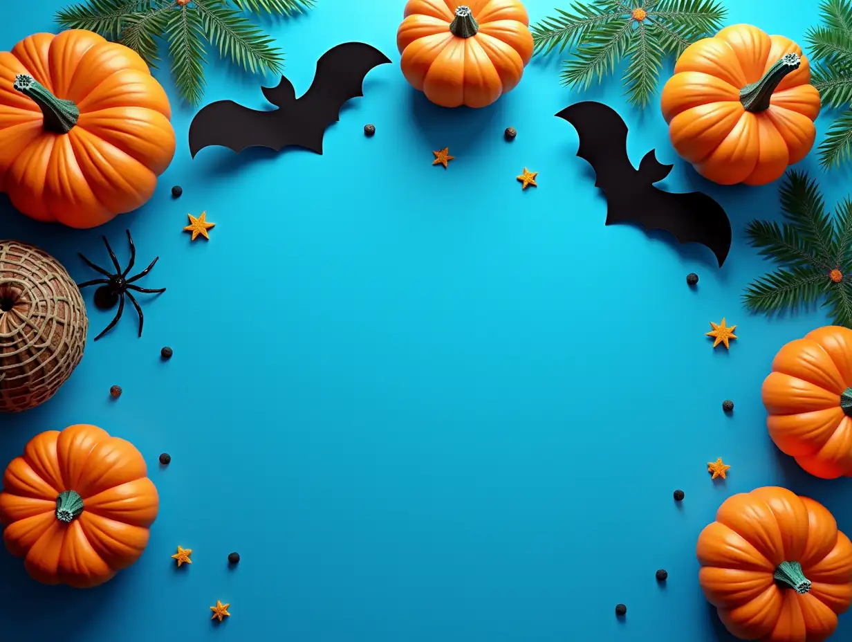 Halloween holiday background with party decorations of pumpkins, bats, spiders on blue top view. Happy halloween greeting card in flat lay style.