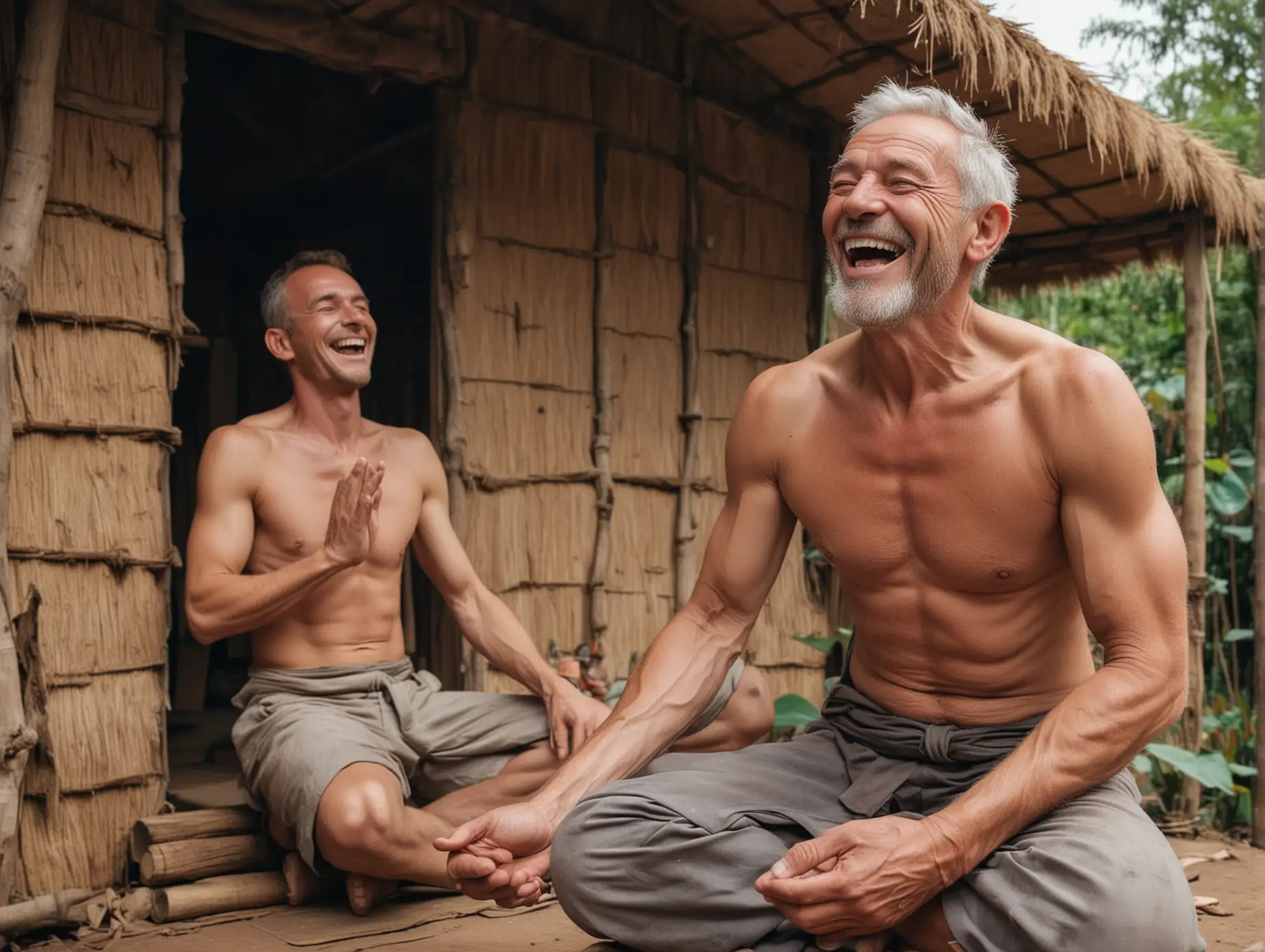 Athletic-Man-Laughing-at-Old-Man-in-Lotus-Position-at-Hut