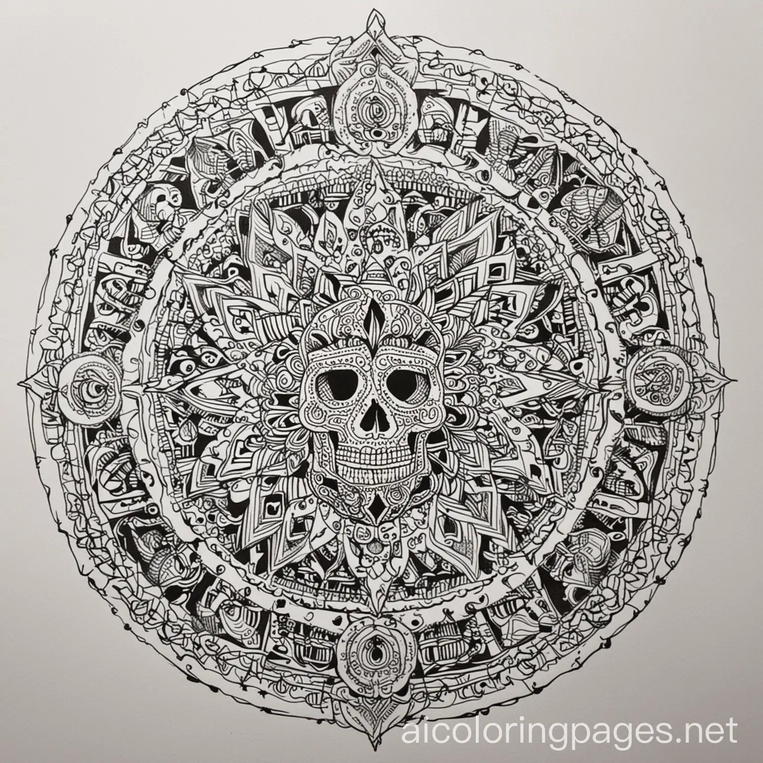 Spooky-Mandala-Coloring-Page-Featuring-Skulls-and-Simple-Designs