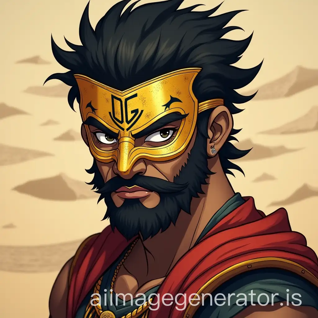 Anime-Style-Portrait-of-a-Mtis-Black-Dandy-in-Ancient-Warrior-Attire-with-Golden-Mask