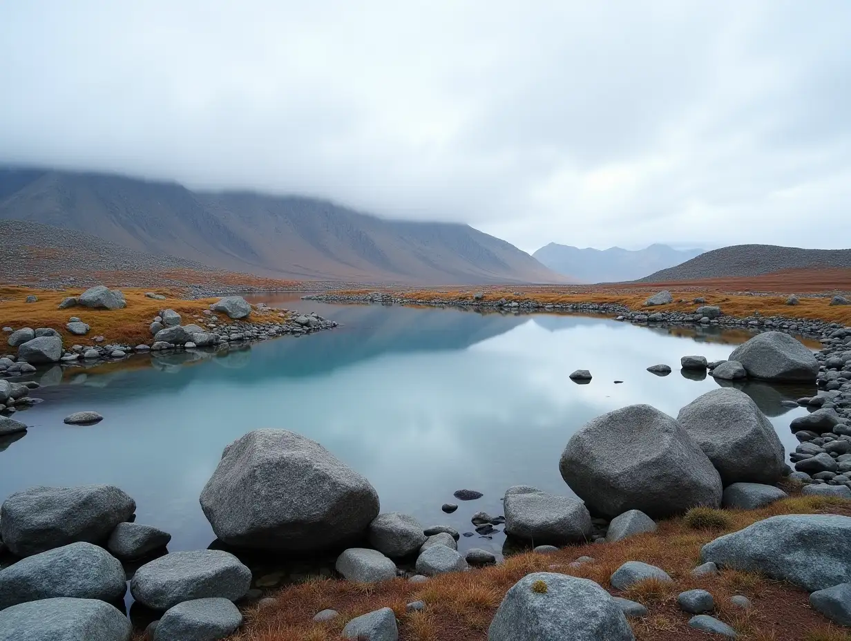 Nunavut landscape - rocks next to a small lake with mountains at the background