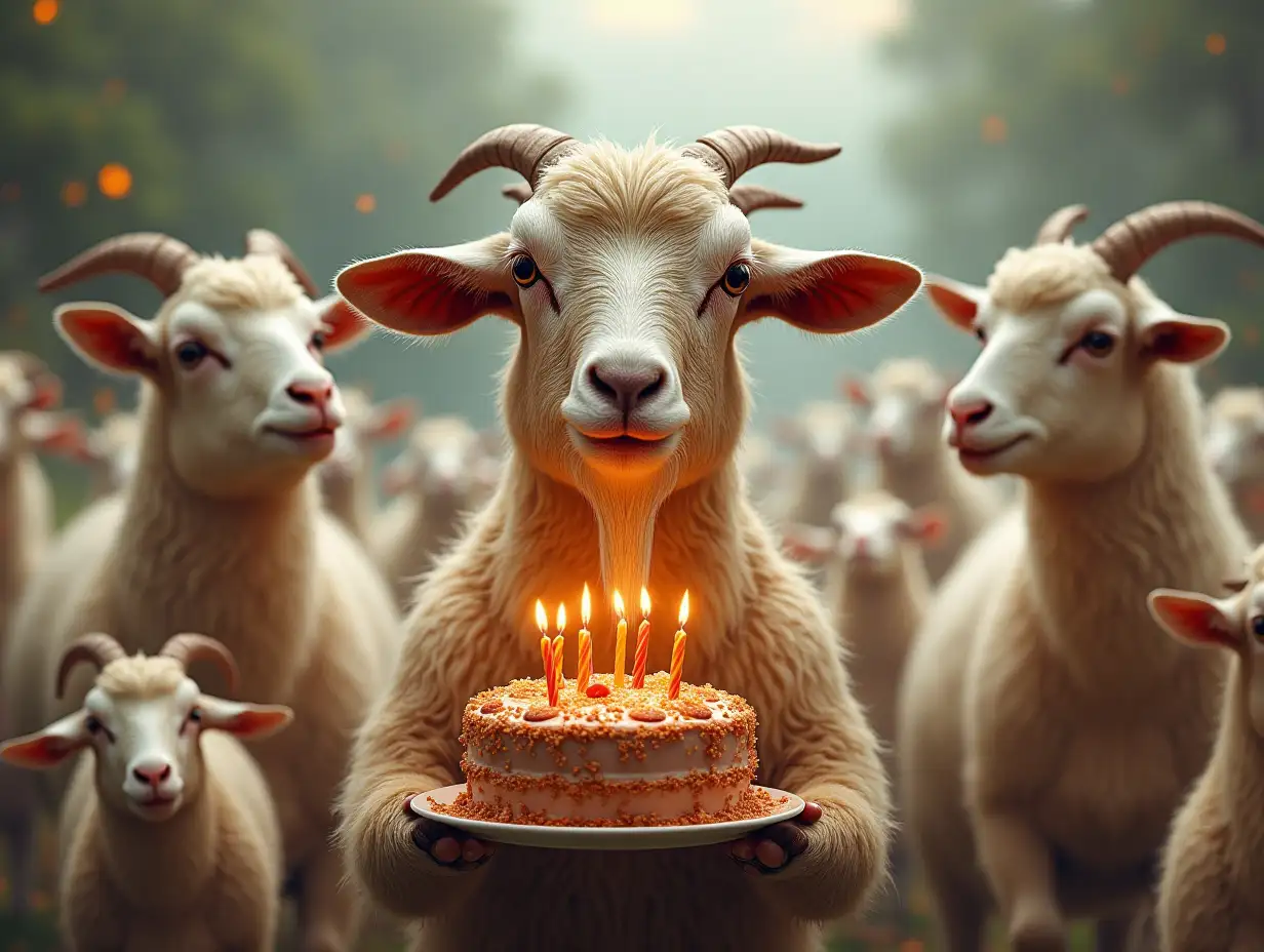 a goat holding a cake with candles on top in his hands, surrounded by dancing and clapping goats and sheep