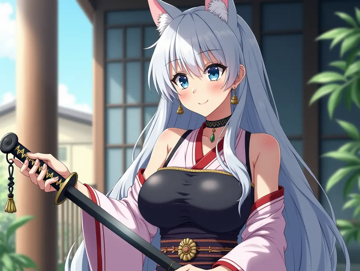 Anime mature adult woman in her 30's with big breast, blue eyes, black and gold earrings, a choker around her neck, long white hair and white cat ears on her head. In the bright sunny day while she cleans her katana with care while wearing a miko outfit sitting down on her porch.