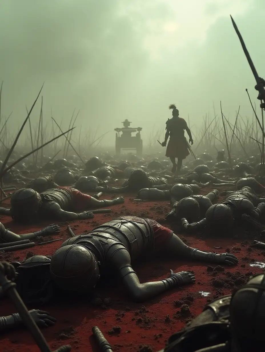 A haunting scene from the Mahabharata battlefield, depicting the aftermath of a fierce battle. The ground is strewn with lifeless bodies of warriors, their armor bloodstained and broken weapons scattered around. The atmosphere is heavy with smoke and dust, and the once vibrant battlefield is now eerily silent. In the distance, the faint silhouette of a lone warrior or chariot moves through the devastation. The sky above is overcast, adding to the somber and grim mood, as the scene reflects the profound tragedy and loss of war