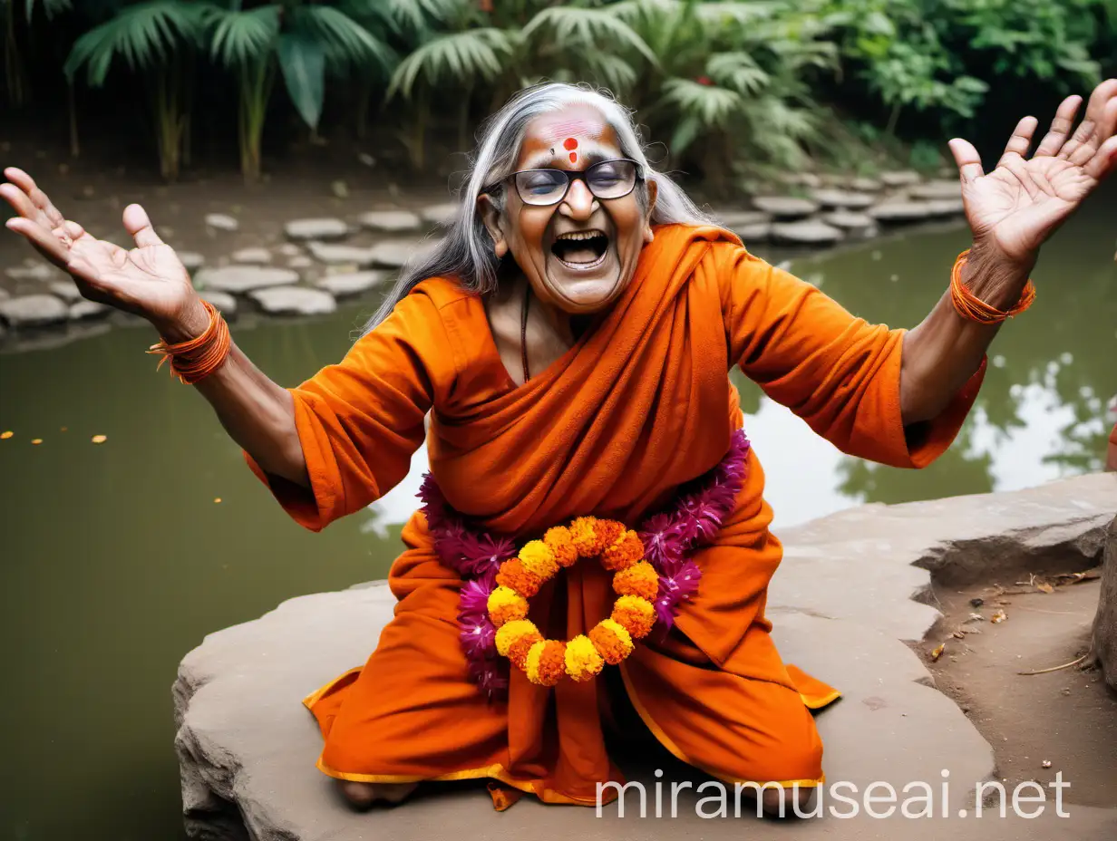 Elderly Indian Hindu Woman Monk Doing Squat Exercise by Pond