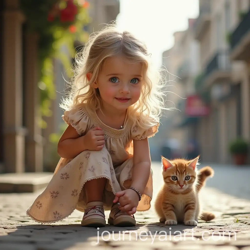 Little-Girl-in-Ottoman-Clothes-Playing-with-Cat-on-Sidewalk