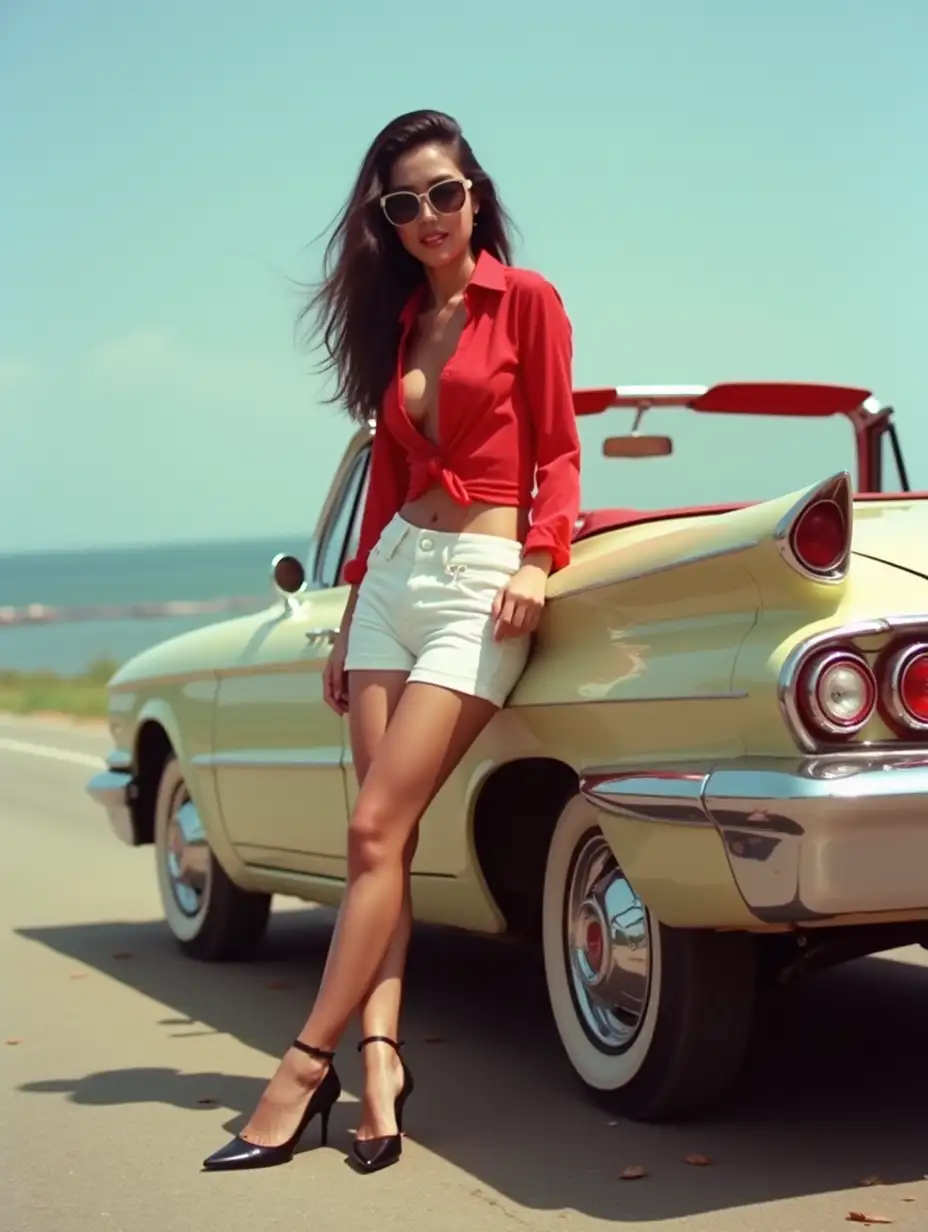 Indonesian-Woman-in-Red-Shirt-by-Convertible-Car-at-the-Beach