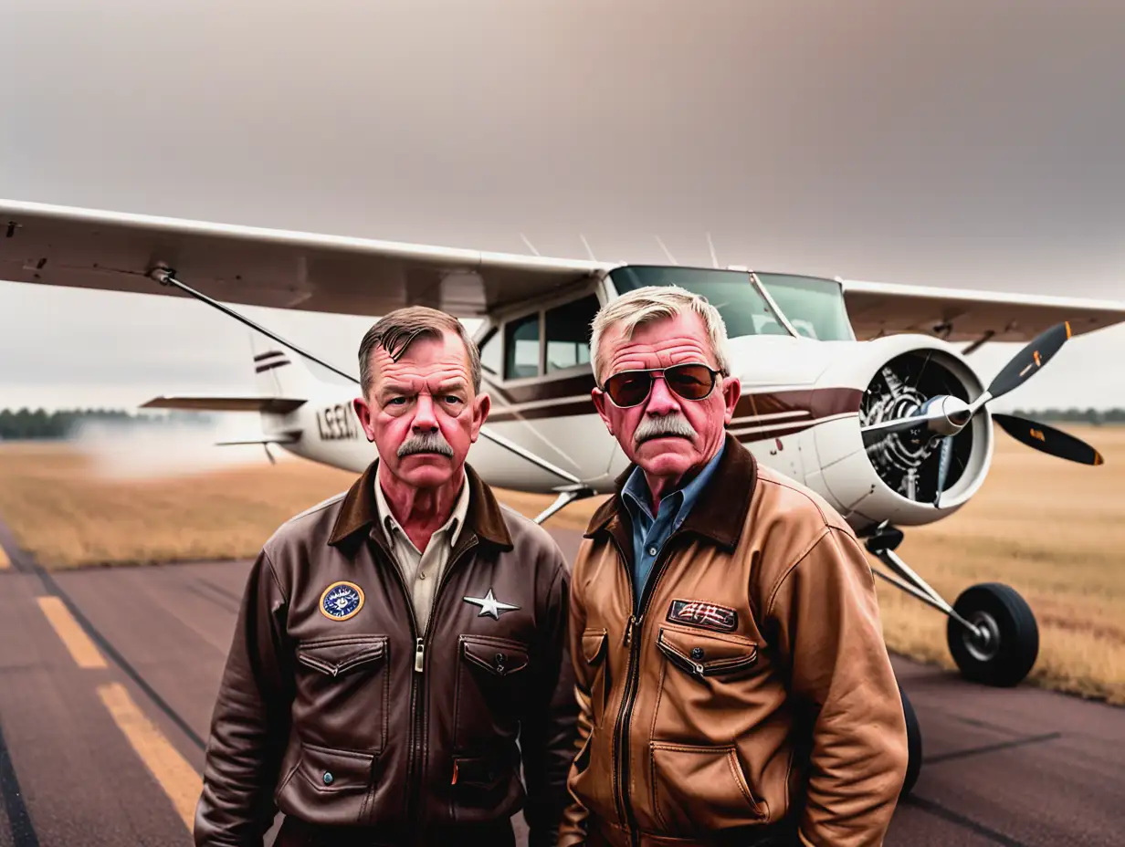 Robert Timm and John Cook Flew a Plane for Over 64 Days Without Landing,cessna 172 fly lowpass near the ground side view camera in the background take 60% of image, two pilot man in the corners of image, tired face, cinematic portrait,brown atmoshper colors, 
