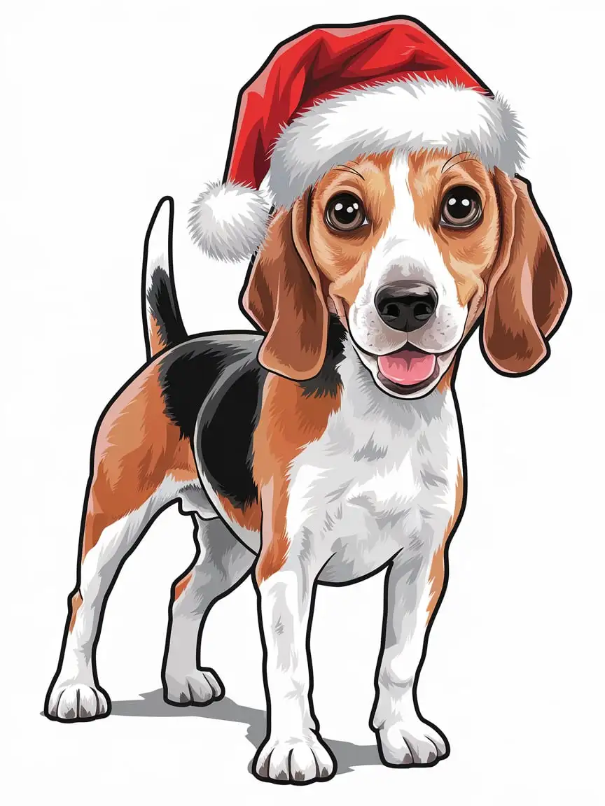 a lifelike cartoon painted by markers of a Beagle Dog standing, resembles a miniature Foxhound, but the head is broader and the muzzle shorter, the body is light brown and white markings with no black fur, wearing a Santa hat, big round eyes, happy look on face, white background