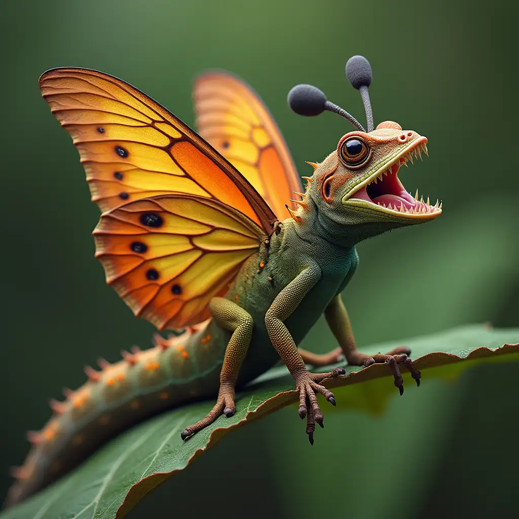 butterfly that has a fanged lizard's mouth, carrying a caterpillar