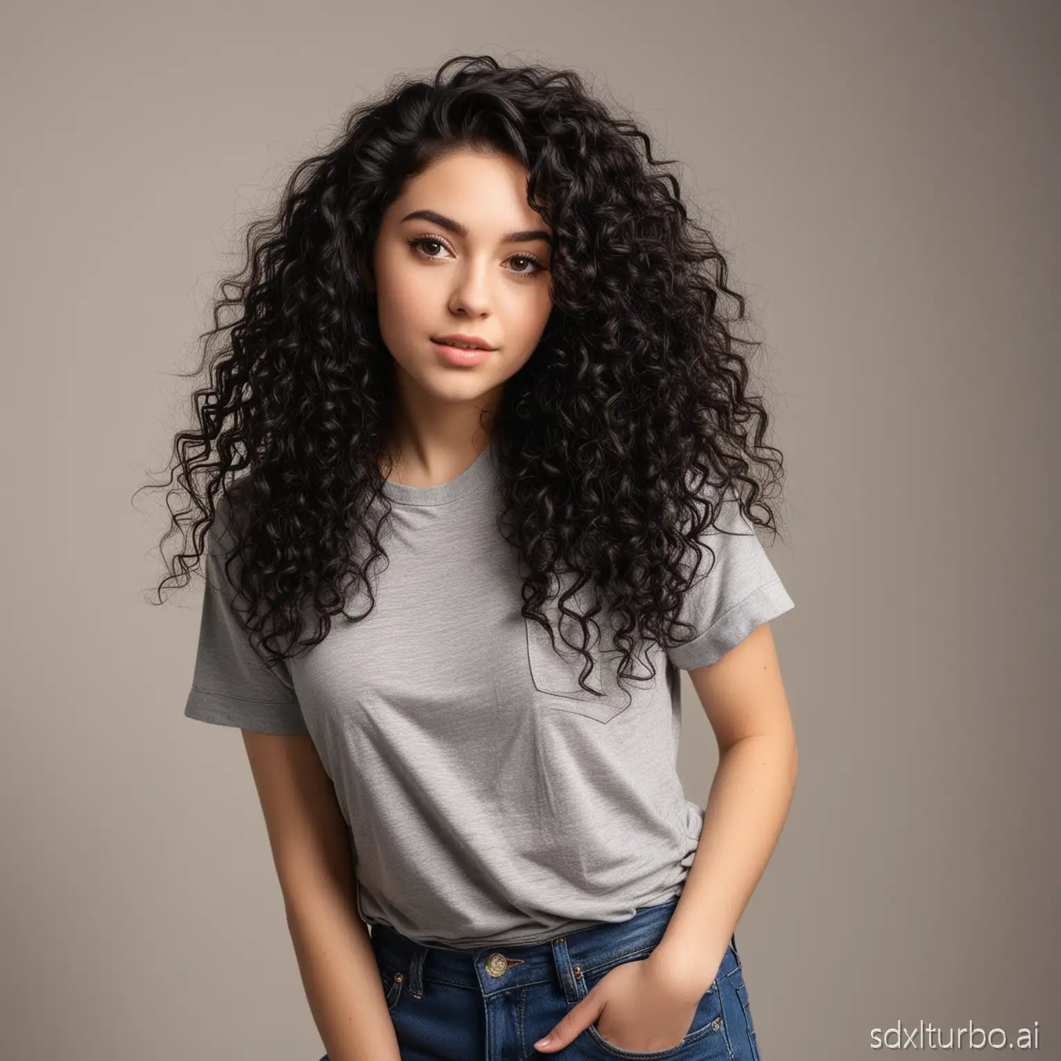 22-year-old woman with bright skin tone, long voluminous black curly hair, large black eyes, wearing a casual t‑shirt and jeans. Soft lighting, relaxed confident expression, medium portrait style.