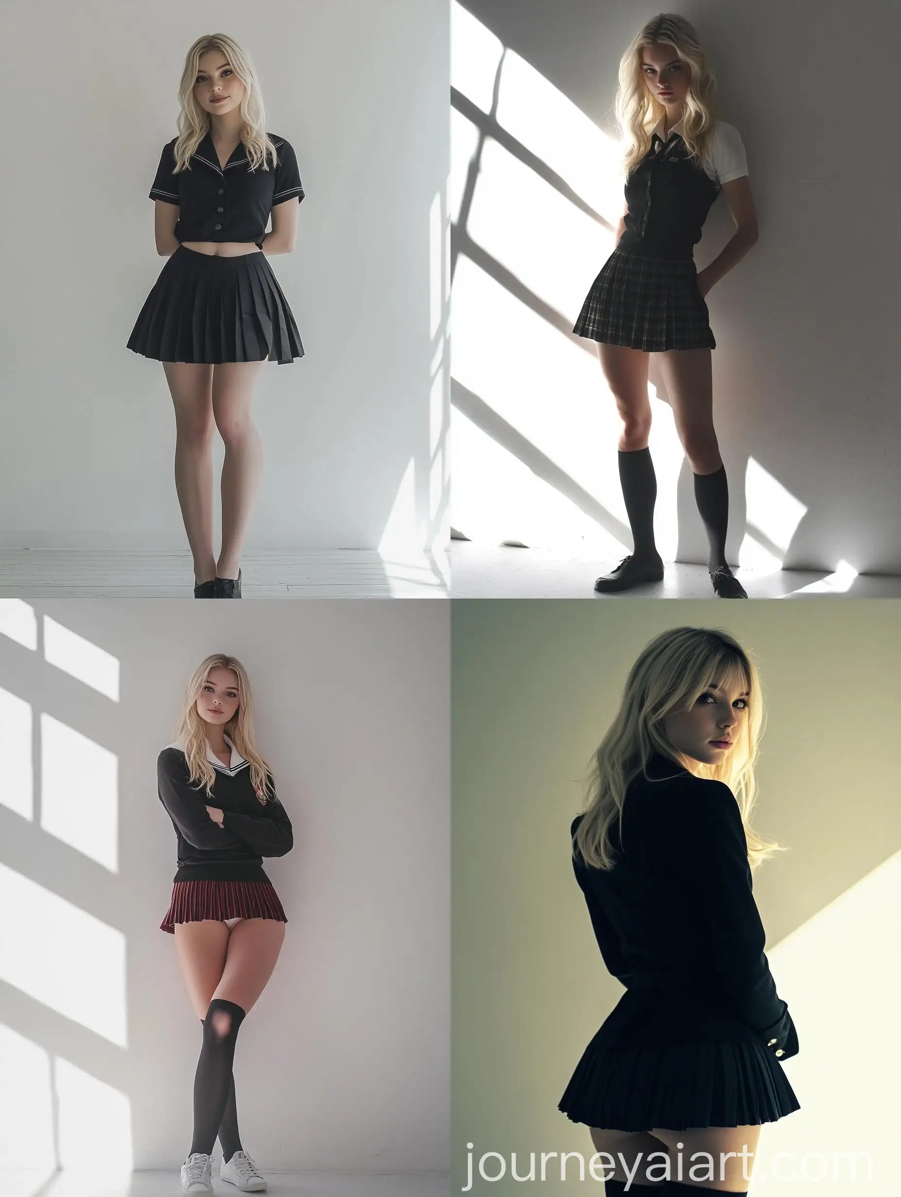 Blonde-Woman-in-School-Uniform-Poses-at-Photography-Studio