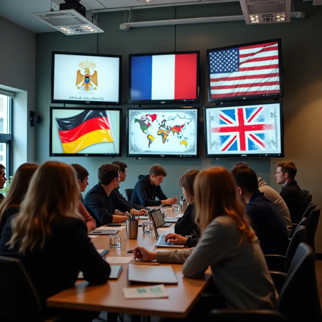 I want a picture that shows the languages ​​English French Arabic German And there a students girls and boys  There screens to both student There also flags to Germany, France, America, Britain and Egypt