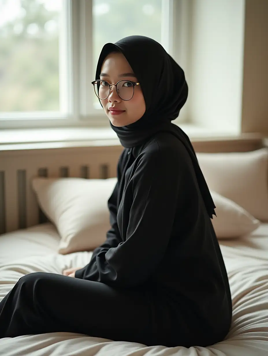 Serene-Asian-Woman-in-Black-Hijab-Seated-in-Bedroom-with-Calm-Focus