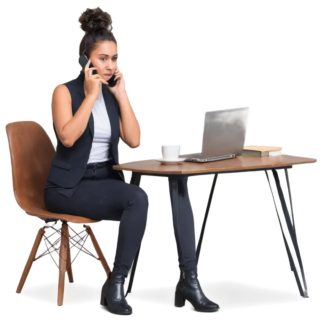 PNG-Image-of-a-Girl-on-a-Phone-Call-with-Client-in-Office-Setting-with-Laptop-and-Table