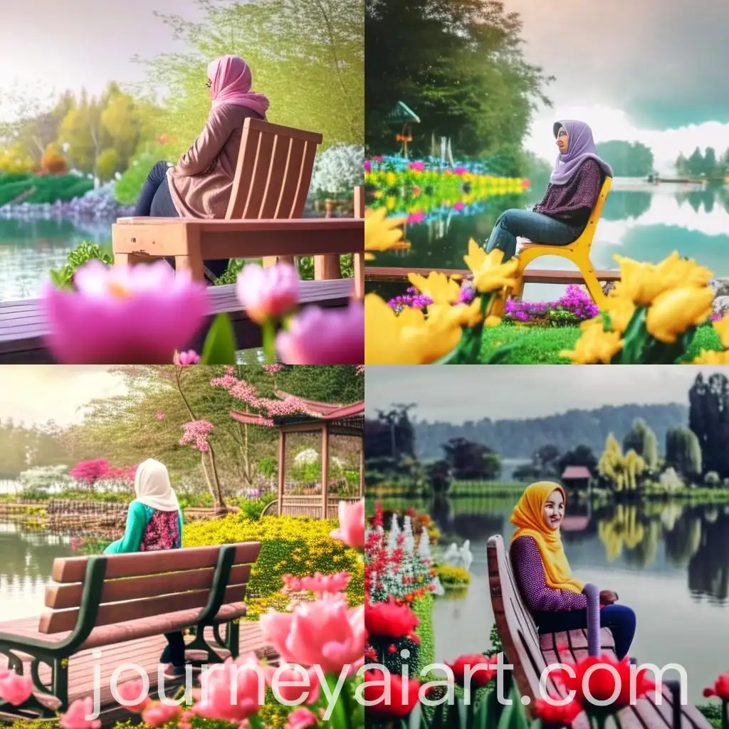 Muslim-Malay-Lady-in-Hijabi-Sitting-by-Lake-and-Flower-Garden
