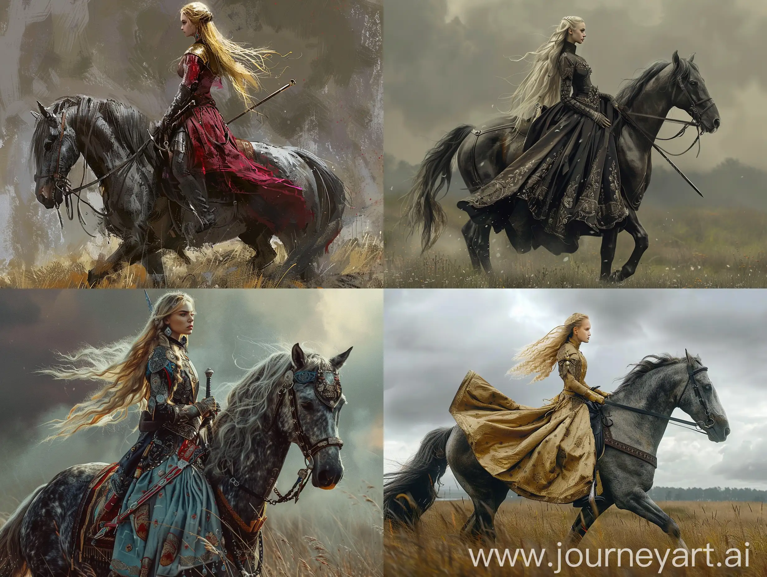 Photorealistic-Slavic-Girl-Riding-Dark-Grey-Horse-with-Katana