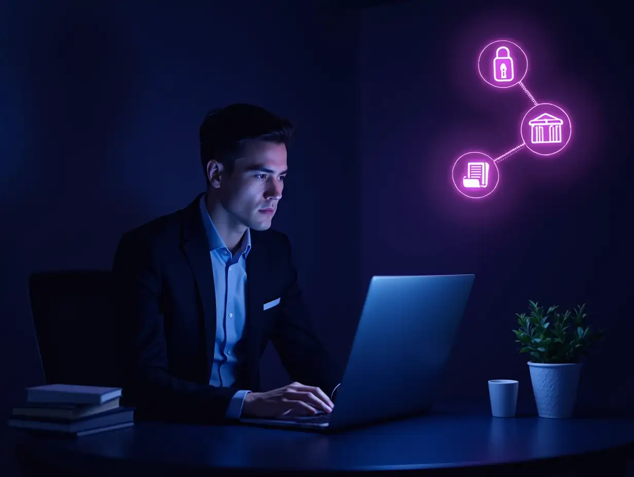 A young, serious-looking lawyer in a suit working late at night on a laptop in a modern office. The lawyer is Caucasian and has short, dark hair and a clean-shaven face. The lawyer is focused on the screen, his hands on the keyboard. The office is dimly lit with a purple and blue light, creating a sense of concentration and importance, echoing the color of the provided logo. A series of glowing, stylized icons representing data security, legal services, and financial technology float in the air to his right, connected by neon lines in purple, symbolizing a digital network related to his legal work. The icons include a padlock, scales of justice, a document, and a fingerprint. A small green plant and stacks of law books sit on the desk nearby. The scene has a clean, professional, and slightly futuristic aesthetic. There is significantly more empty space on the right side of the image to allow for text or additional design elements. The camera angle is slightly to the left, showcasing the lawyer and the floating icons while emphasizing the blank space on the right. No Asian features are visible in the lawyer's face or appearance. Digital art, high quality, 8k, realistic.