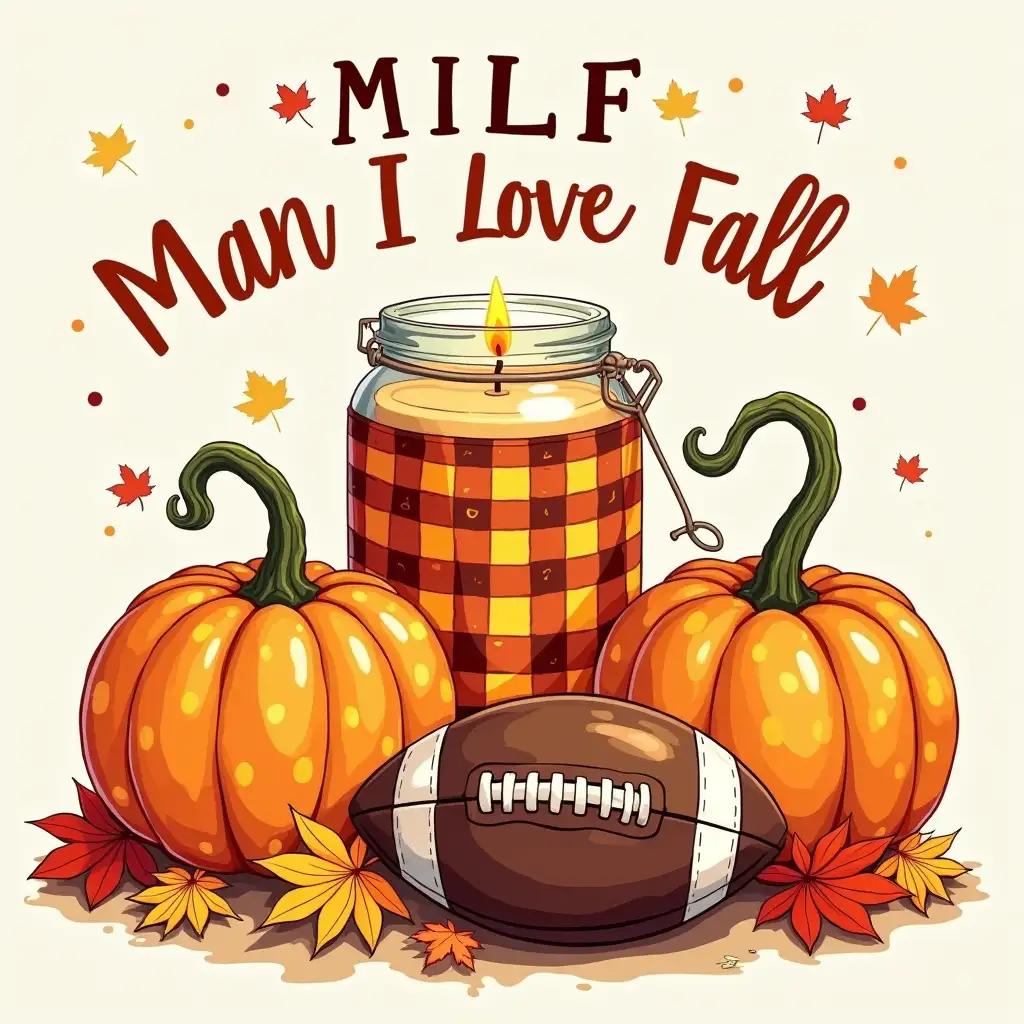 Vector. the text 'MILF Man I Love Fall ' above it. Create an autumn-themed image featuring pumpkins with polka dot patterns, a candle jar wrapped in a checkered pattern, a football, and scattered fall leaves. The style should be detailed with bold colors. oil paint ink