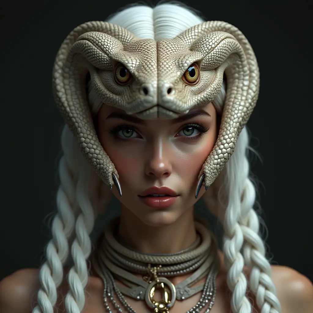 Ultradetailed hyperrealistic woman with snake head,with white braids,snake head necklace with flawless attention to texture, surface and lighting, to give depth, dimension and a photorealistic appearance.