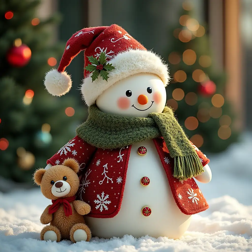 Charming Outdoor Christmas Scene Featuring a Snowman in a Dress and a Teddy Bear