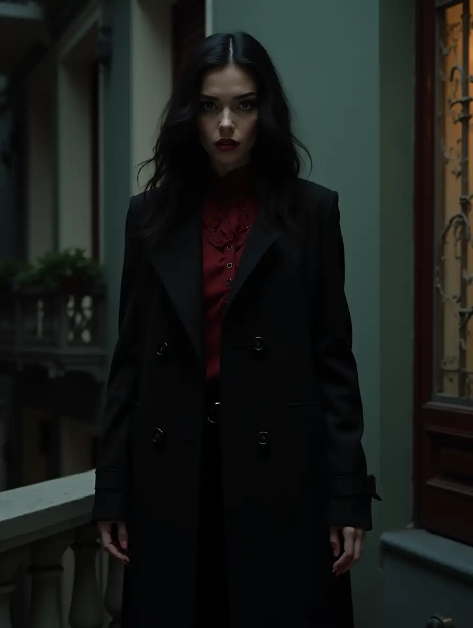 Half Length Photo of Teagan Croft as a female young primordial vampire (In a accurate deep sleek raven-black hair, falling in smooth waves, Smoky, shadowed eyes to emphasize mystery, Light contouring to sharpen her cheekbones, giving her an angular, statuesque quality, Her lips could be subtly tinted red, like blood, emphasizing her vampiric nature, wearing her fitted black trench coat with subtle detailing of blood-red accents,  a high-necked dark crimson blouse, paired with slim black pants, knee-high leather boots with intricate gothic patterns, practical yet elegant. with accurate Teagan Croft 20 year old body type and her accurate height). In a stylish manor outside in a balcony in New Orleans, at Dark Night Setting. (Her outfit being a nod between Gerald Butler Dracula/Judas and Luke Evans Vlad Modern wardrobe) (Accurate Dracula 2000 atmosphere) (4K Resolution Photo and HDR)