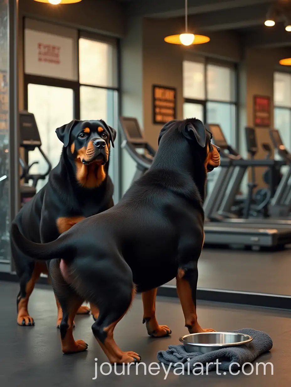 Plump-Rottweiler-in-Gym-Staring-at-Reflection-with-Motivational-Posters