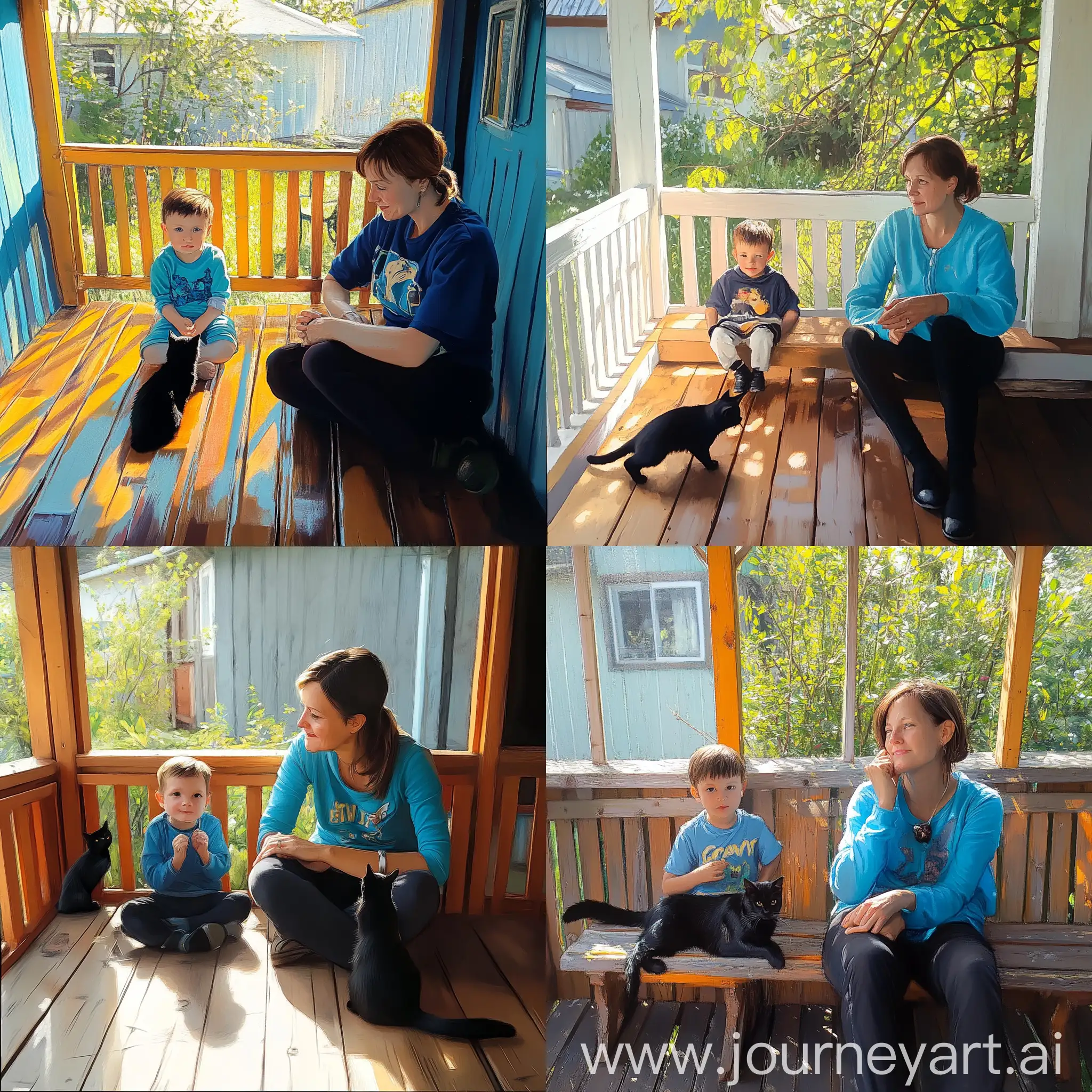 Mother-and-Son-Enjoying-Sunny-Summer-Porch-with-Birds-and-a-Black-Cat