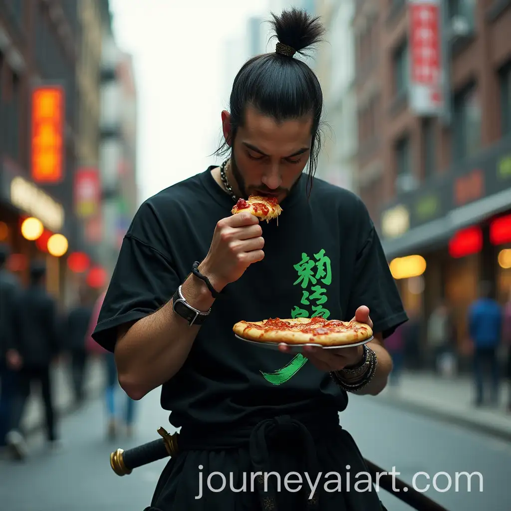 Modern-Samurai-Eating-Pizza-in-Urban-Setting