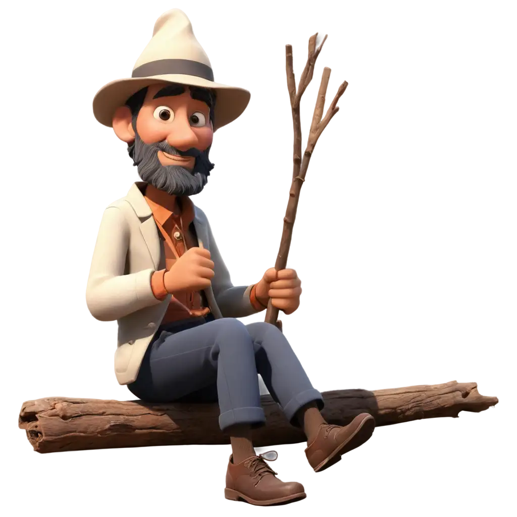 An animated uncle sits with a stick in his hand