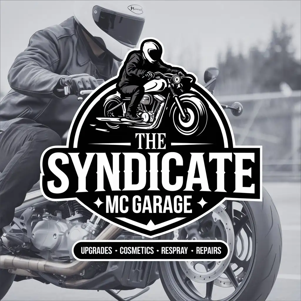 LOGO Design for The Syndicate MC Garage BikerThemed Black and White Vector with Garage Services