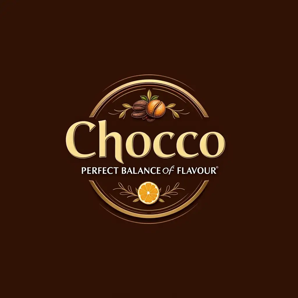 Logo for ‘Chocco’ with the slogan ‘Perfect Balance of Flavour’, rich chocolate background with gold or bronze accents, symmetrical circle or shield with text inside, on the perimeter or around the text - image of cocoa beans, nuts, an orange slice or chocolate bars in decorative style, for the name use large serif font; for the slogan use a thin handwritten font in a circle or along the line of the frame, prestige and sophistication inspired by the style of classic coats of arms or seals, the logo should be clear and aesthetically pleasing on the packaging and digitally