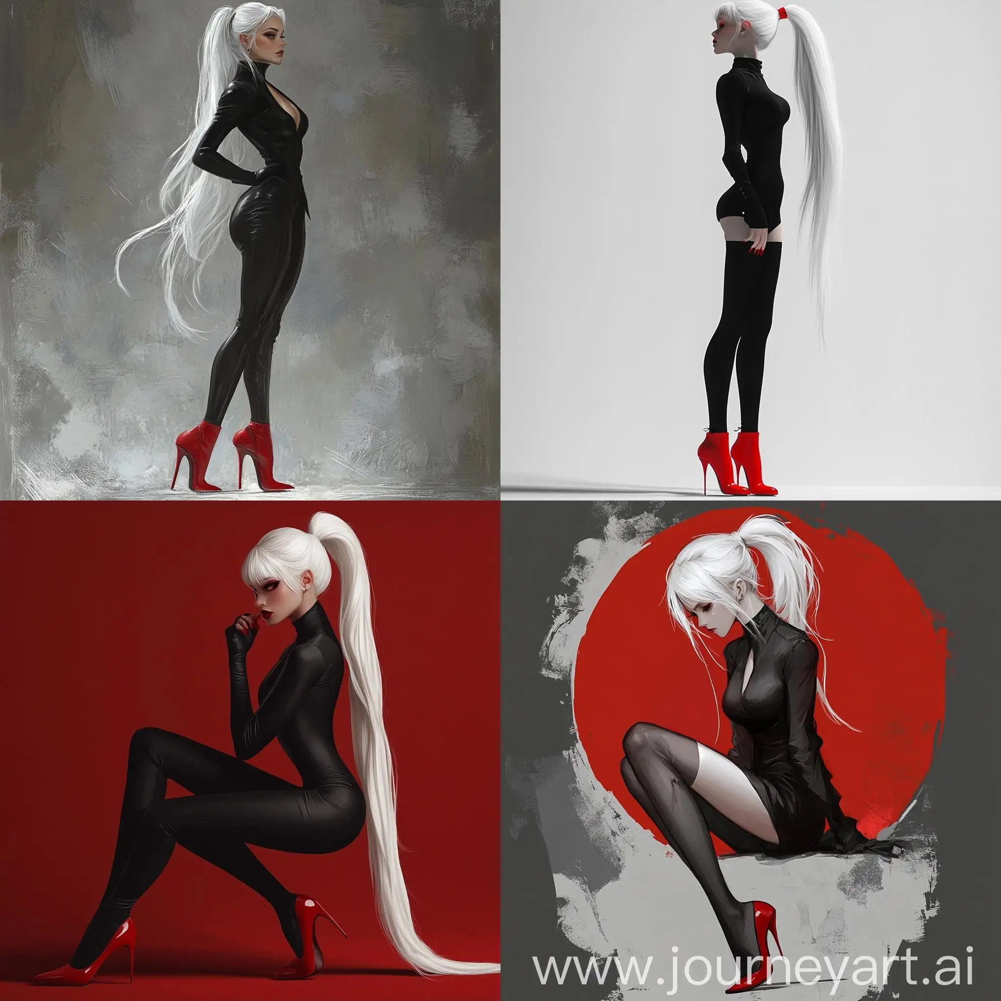 Elegant-Woman-with-White-Hair-Black-Silk-and-RedSoled-Heels